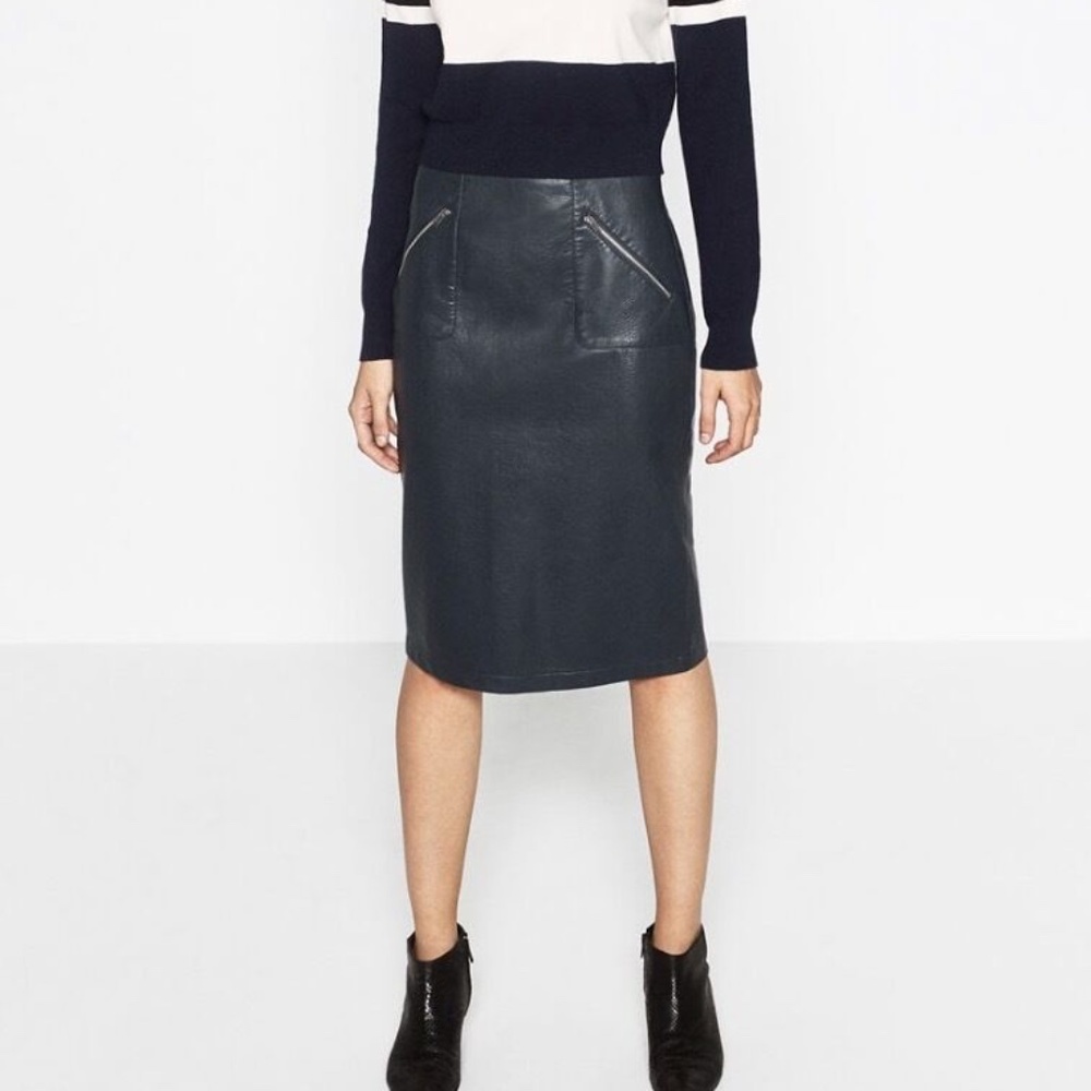 Zara Black High Waisted Midi Faux Leather Pencil Skirt